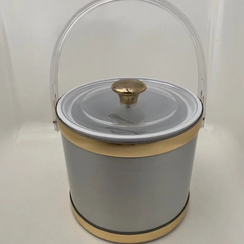 VINTAGE Culver Brushed Silver and Gold Acrylic Barware Ice Bucket